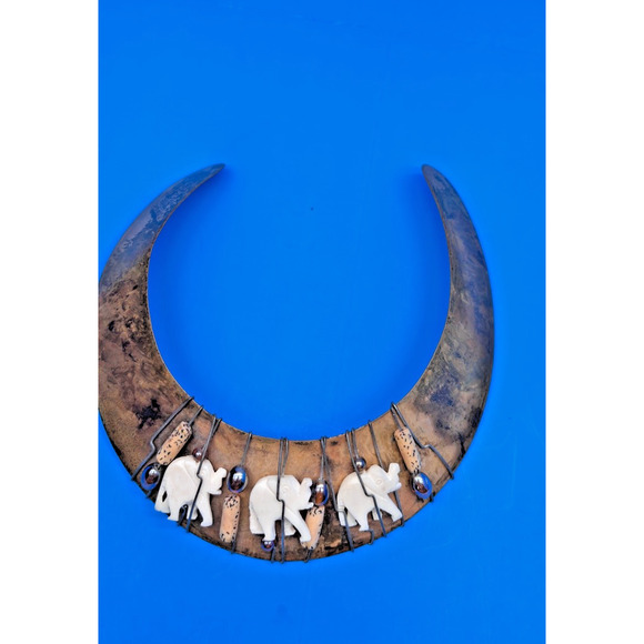 Vintage Tribal Elephant Collar Necklace Bone Brass Boho Ethnic Statement - Picture 5 of 12